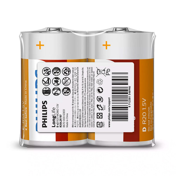 Philips Pila Cloruro Zinc D  Termosellado 2pcs